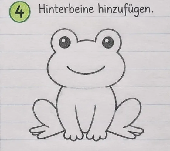 Feld 4: Zwei große Hinterbeine mit langen Zehen an den Seiten des Frosches.
