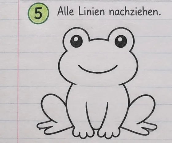 Feld 5: Fertige, kräftig nachgezogene Strichzeichnung des Frosches.