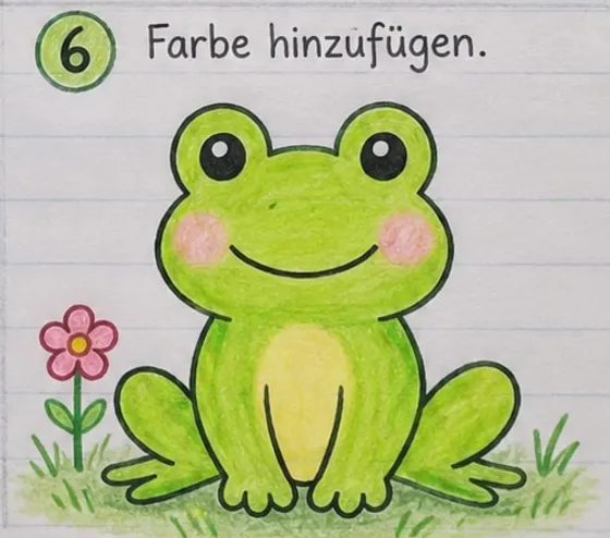 Feld 6: Der Frosch grün ausgemalt mit gelbem Bauch und rosa Bäckchen, daneben Gras und eine Blume.