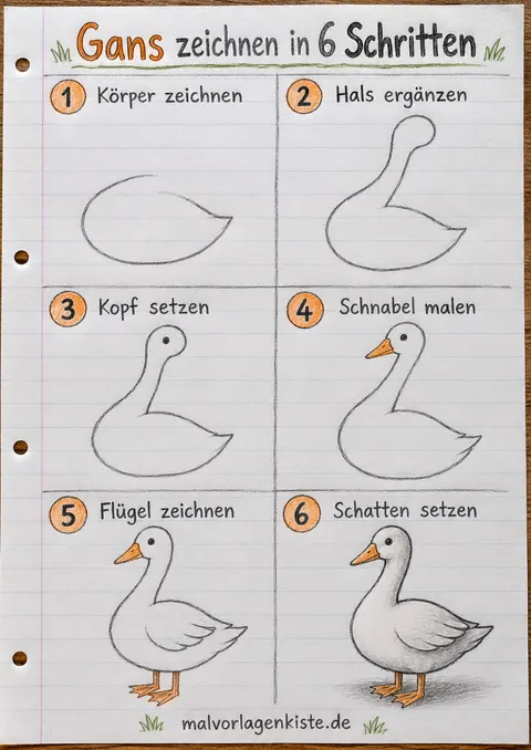 Anleitungsblatt: Gans zeichnen in 6 Schritten – vom Körper-Oval bis zur Gans mit Bleistiftschatten und orangem Schnabel im letzten Feld.