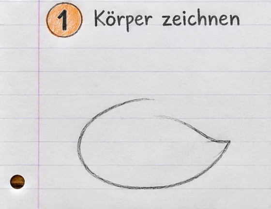 Liegendes Oval mit einer kleinen Spitze rechts als Körper der Gans.