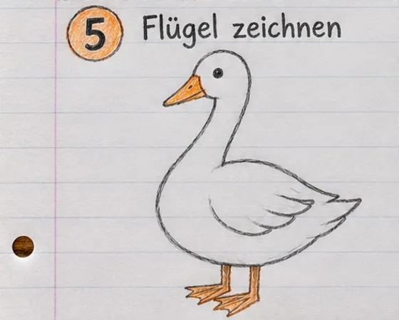 Die Gans mit Flügel und Federspitzen auf dem Körper sowie zwei orangen Beinen mit Schwimmfüßen.