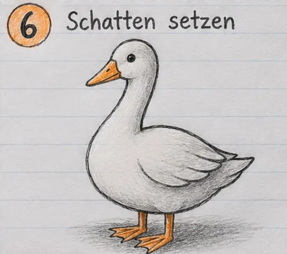 Fertige Gans mit feiner Bleistiftschraffur an Bauch, Flügel und Hals und einem Schatten am Boden.