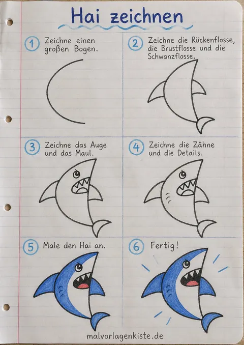 Anleitungsblatt: Hai zeichnen in 6 Schritten, in den letzten beiden Feldern blau ausgemalt.