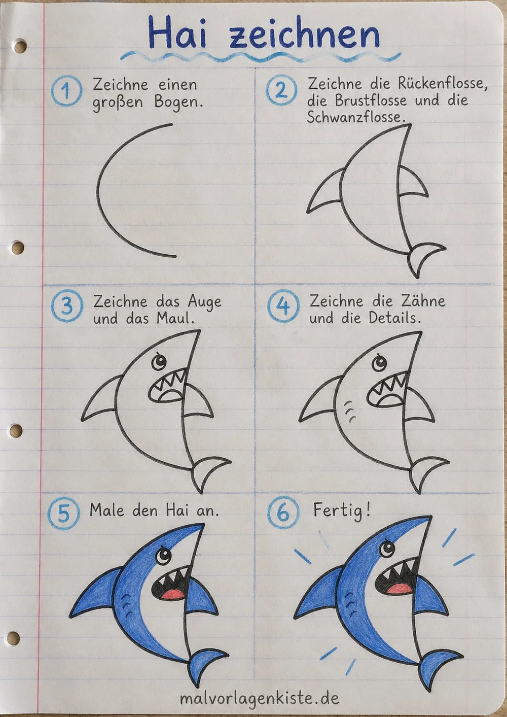 Anleitungsblatt: Hai zeichnen in 6 Schritten, in den letzten beiden Feldern blau ausgemalt.