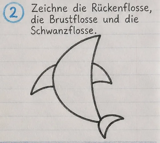 Feld 2: Geschlossener Haikörper mit spitzer Nase, zwei seitlichen Flossen und einer Schwanzflosse unten.
