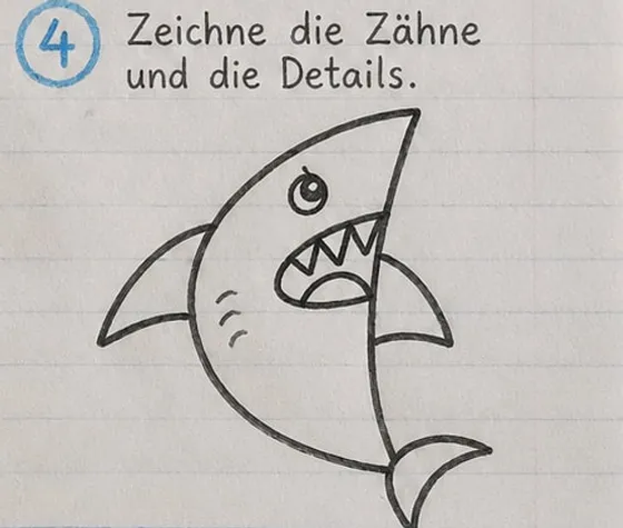 Feld 4: Fertige Strichzeichnung des Hais mit drei Kiemenstrichen an der Seite.