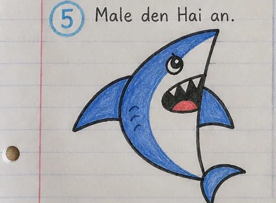 Feld 5: Der Hai blau ausgemalt, mit hellem Bauch, dunklem Maul und rosa Zunge.