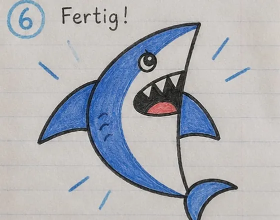 Feld 6: Der fertige blaue Hai mit kurzen Bewegungsstrichen ringsum.