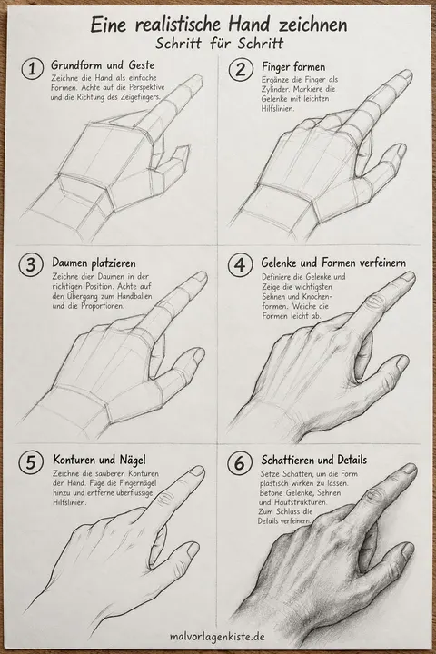 Anleitungsblatt: realistische Hand zeichnen in 6 Schritten, von Blockformen und Fingerzylindern bis zur fertig schattierten, zeigenden Hand.