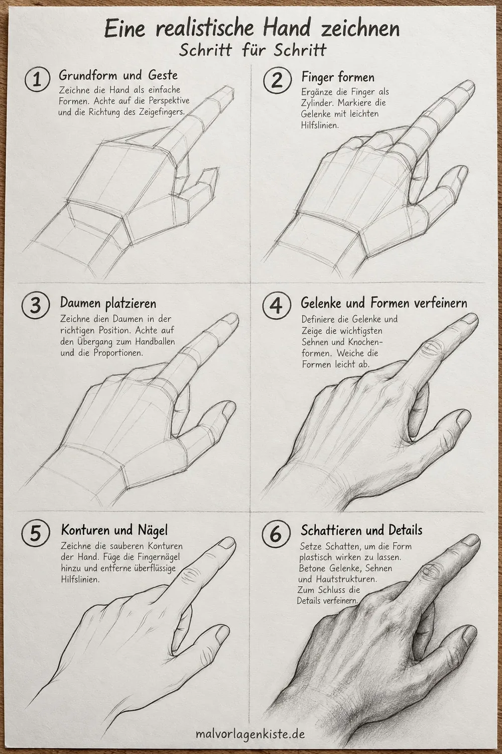 Anleitungsblatt: realistische Hand zeichnen in 6 Schritten, von Blockformen und Fingerzylindern bis zur fertig schattierten, zeigenden Hand.