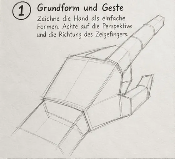 Feld 1: Hand als perspektivischer Block mit langem Quader für den Zeigefinger und einer kleinen Kastenform für den Daumen.
