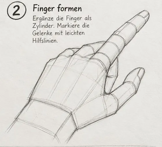 Feld 2: Hand mit zylindrischen Fingergliedern, Gelenk-Ringen am Zeigefinger und eingerollten Fingern dahinter.