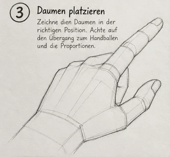 Feld 3: Hand mit angesetztem Daumen, weichem Übergang zum Handballen und dem gestreckten Zeigefinger.
