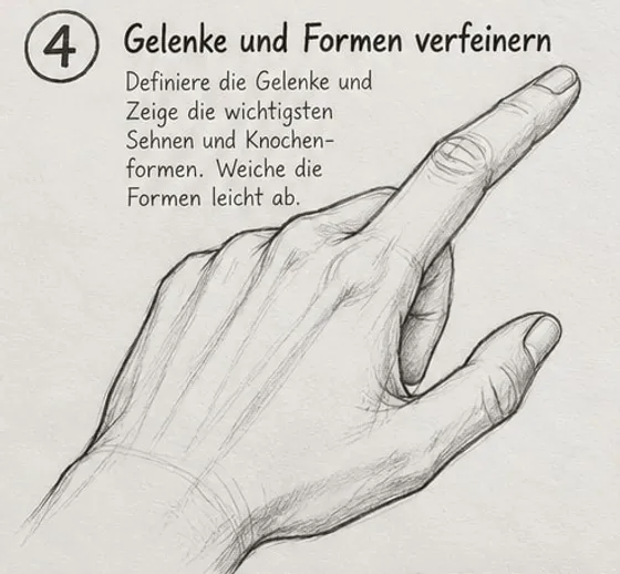 Feld 4: Hand mit ausgearbeiteten Knöcheln, Hautfalten an den Gelenken, angedeuteten Sehnen und gerundeten Umrissen.