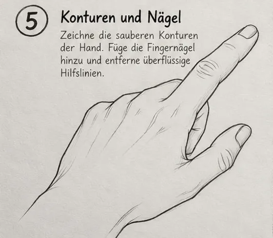 Feld 5: saubere Konturzeichnung der zeigenden Hand mit Fingernägeln und Gelenkfalten, ohne Hilfslinien.