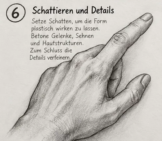 Feld 6: fertig schattierte, realistische Hand mit Hautstrukturen, dunklen Zwischenräumen und plastisch wirkendem Zeigefinger.