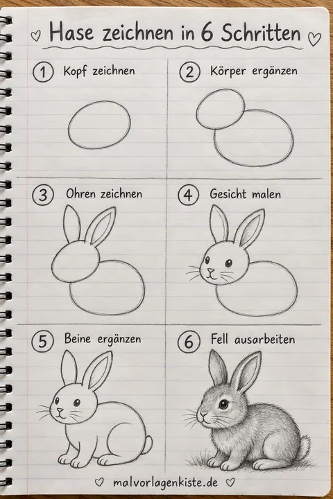 Anleitungsblatt: sitzenden Hasen zeichnen in 6 Schritten, von zwei Ovalen bis zum weichen Fell, im letzten Feld mit Bleistift schattiert.