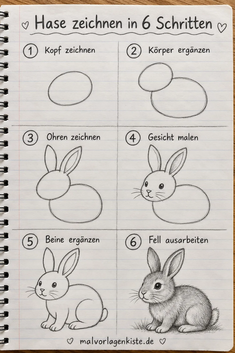 Anleitungsblatt: sitzenden Hasen zeichnen in 6 Schritten, von zwei Ovalen bis zum weichen Fell, im letzten Feld mit Bleistift schattiert.