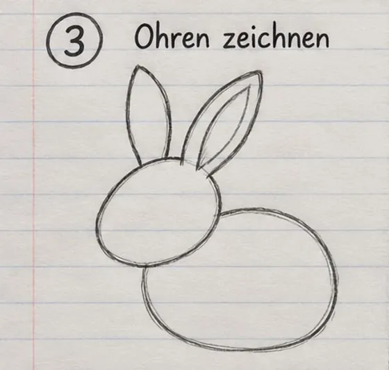Feld 3: zwei lange, aufrechte Ohren mit Innenlinie auf dem Kopf.