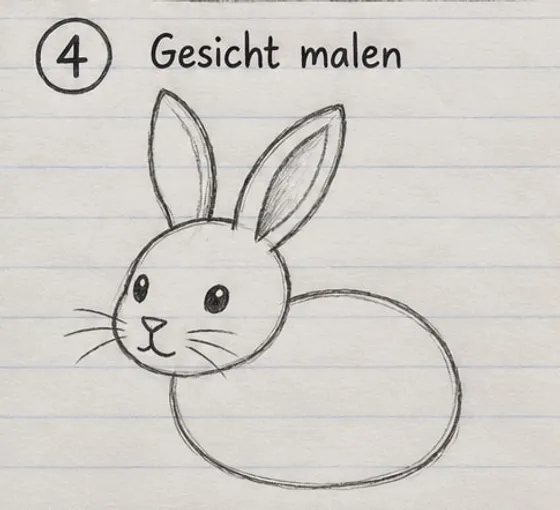 Feld 4: Augen mit Lichtpunkt, Nase, y-förmiger Mund und lange Schnurrhaare.