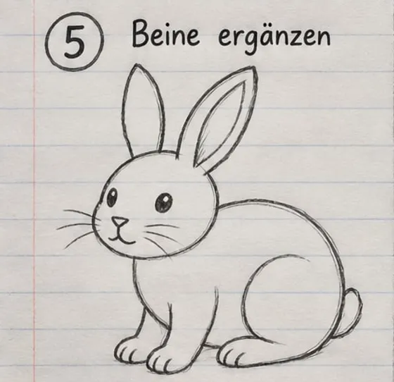 Feld 5: fertige Strichzeichnung mit Vorderbeinen, Hinterlauf, Hinterfuß und Puschelschwanz.