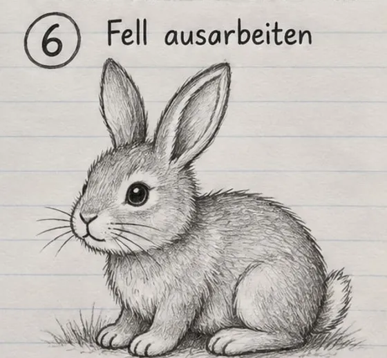 Feld 6: der Hase mit Bleistift ausgearbeitet, weiches Fell aus kurzen Strichen, Schatten und Gras.