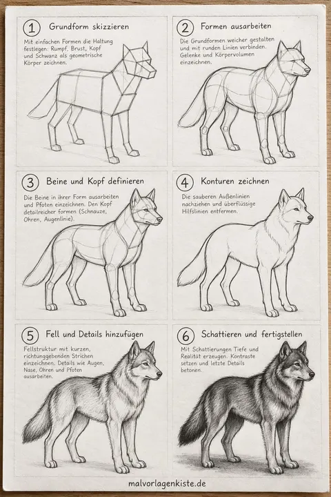Anleitungsblatt: stehenden Hund realistisch zeichnen in 6 Schritten, vom geometrischen Aufbau bis zum Fell, im letzten Feld mit Bleistift schattiert.
