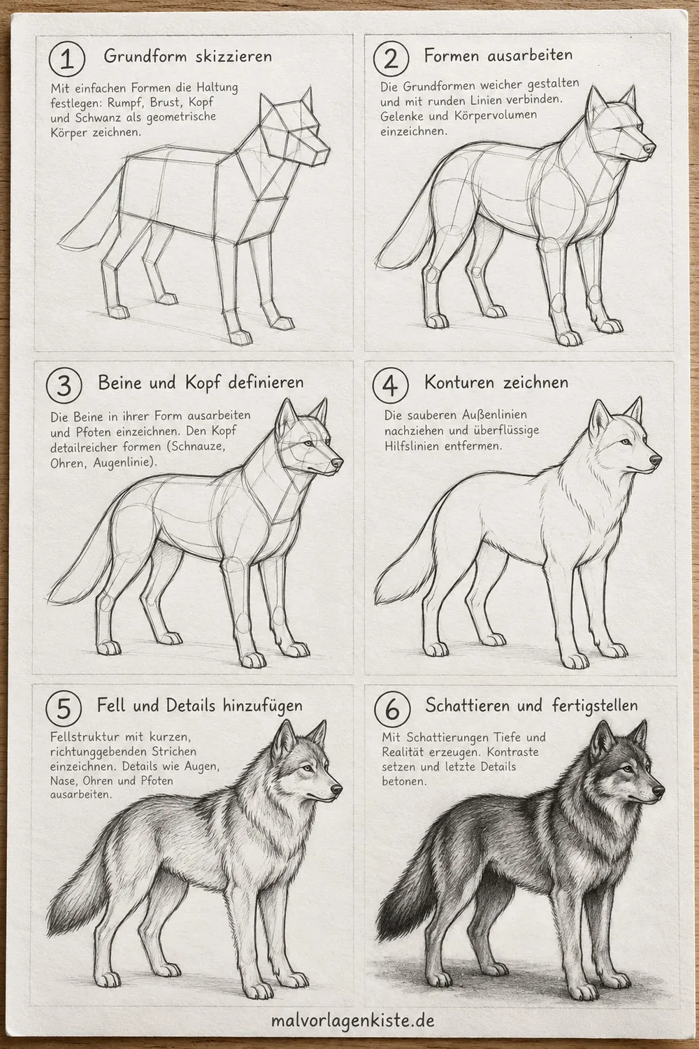Anleitungsblatt: stehenden Hund realistisch zeichnen in 6 Schritten, vom geometrischen Aufbau bis zum Fell, im letzten Feld mit Bleistift schattiert.