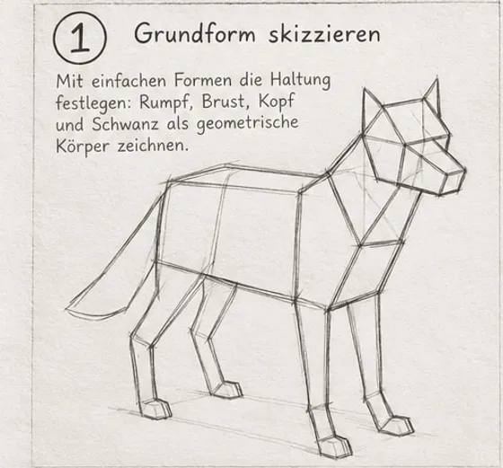 Feld 1: Hund aus Kästen, Keil und geraden Linien skizziert, mit Hilfslinien für Rumpf, Brust, Kopf, Beine und Rute.