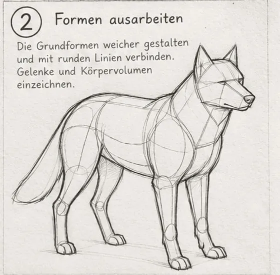 Feld 2: weich gerundeter Hundekörper mit Kreisen an Schulter und Hüfte, ovalen Gelenken und angedeuteter Kopfform.