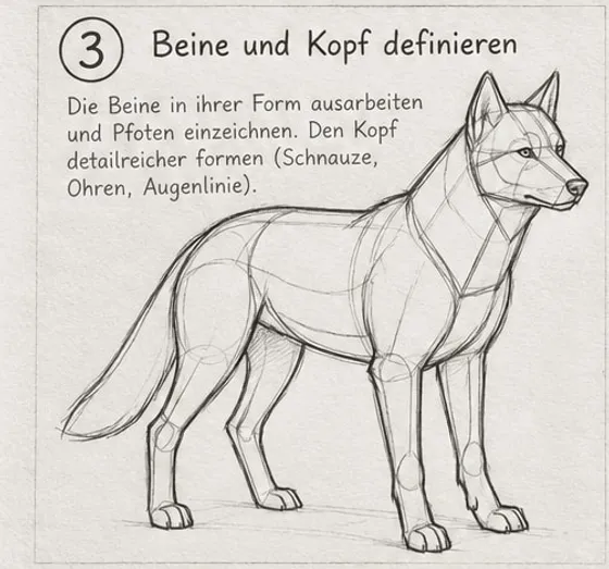 Feld 3: Hund mit ausgearbeiteten Beinen und Pfoten, Kopf mit Schnauze, Stehohren und Augenlinie, Hilfslinien noch sichtbar.
