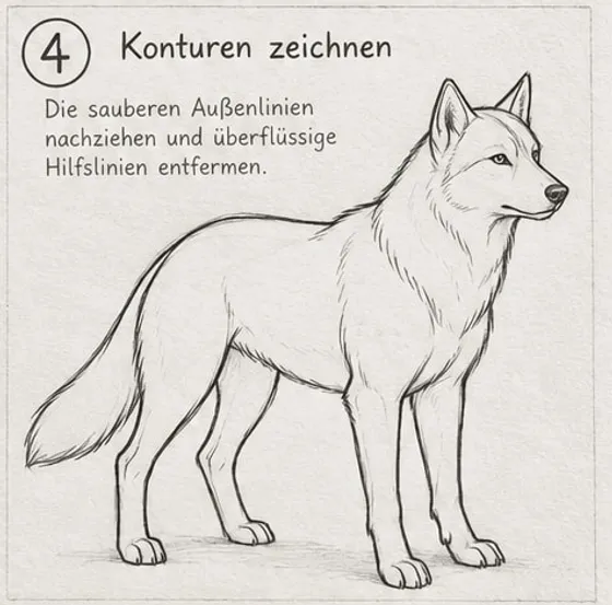 Feld 4: saubere Kontur des stehenden Hundes ohne Hilfslinien, mit leicht gezackten Fellrändern an Hals, Brust und Rute.
