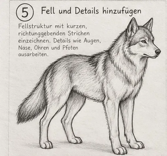 Feld 5: Hund mit feinen Fellstrichen in Wuchsrichtung, ausgearbeiteten Augen, Nase, Ohren und Pfoten.