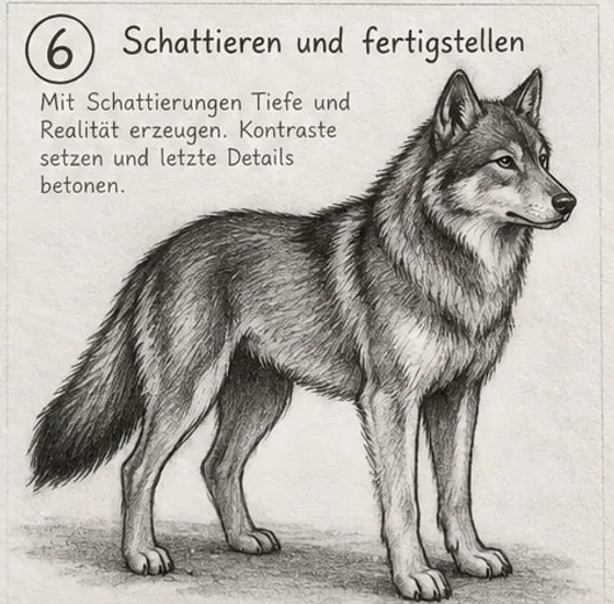 Feld 6: fertig schattierter Hund mit dunklem Rücken und heller Brust, kräftigen Kontrasten und Schatten am Boden.