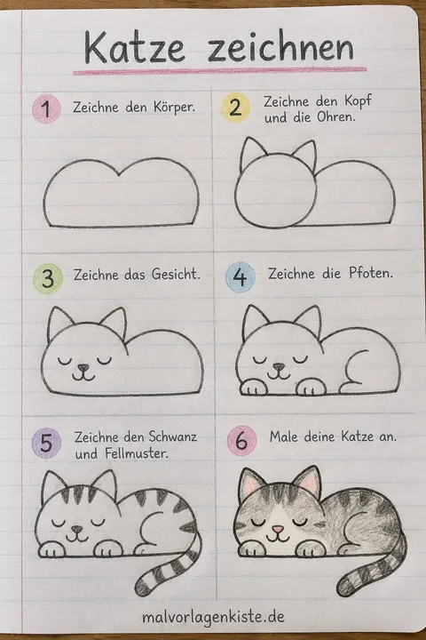 Anleitungsblatt: schlafende getigerte Katze zeichnen in 6 Schritten, von der Form mit zwei Buckeln bis zu den Streifen, im letzten Feld bunt ausgemalt.