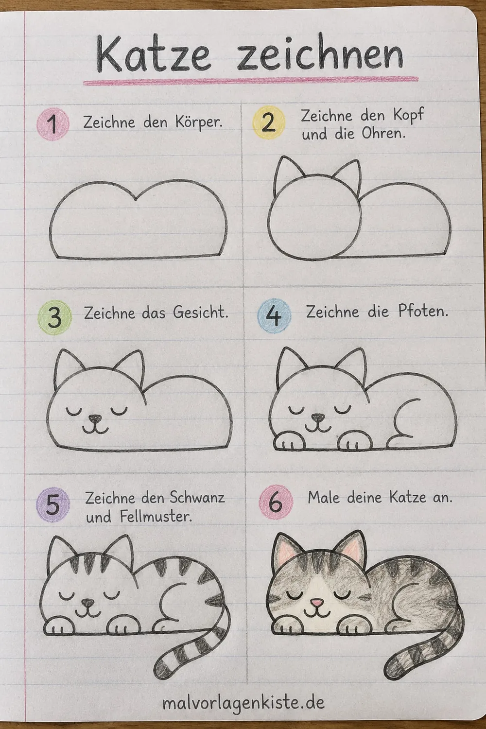 Anleitungsblatt: schlafende getigerte Katze zeichnen in 6 Schritten, von der Form mit zwei Buckeln bis zu den Streifen, im letzten Feld bunt ausgemalt.