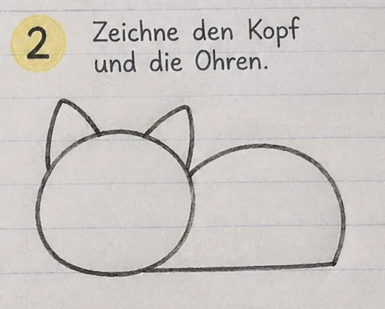 Feld 2: runder Kopf mit zwei spitzen Ohren links, rechts der Rücken.