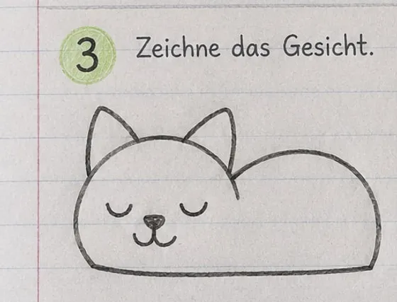 Feld 3: geschlossene Augen, kleine Nase und w-förmiger Mund im Kopf.