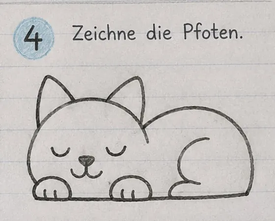 Feld 4: zwei Vorderpfoten mit Zehen und ein Hinterbein als Bogen am Rücken.