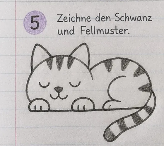 Feld 5: fertige Strichzeichnung mit langem Schwanz und Streifen auf Kopf, Rücken und Schwanz.
