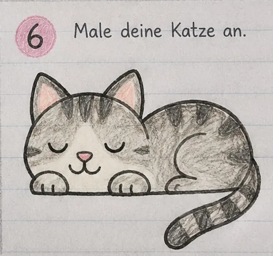 Feld 6: die Katze bunt ausgemalt, graubraunes Fell mit dunklen Streifen und rosa Ohren.