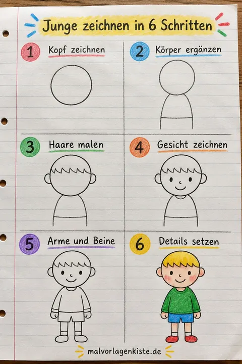 Anleitungsblatt: Kind (Junge) in 6 Schritten von Kopf bis Fuß, im letzten Feld bunt ausgemalt.