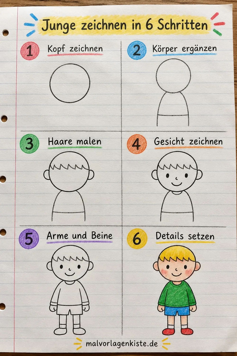 Anleitungsblatt: Kind (Junge) in 6 Schritten von Kopf bis Fuß, im letzten Feld bunt ausgemalt.