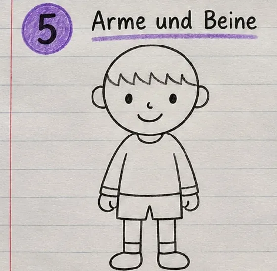 Ganze Kinderfigur mit Armen, Händen, kurzer Hose, Beinen, Socken und Schuhen.