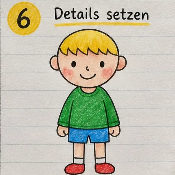 Bunt ausgemalter Junge mit gelben Haaren, grünem Pullover, blauer Hose und roten Schuhen.