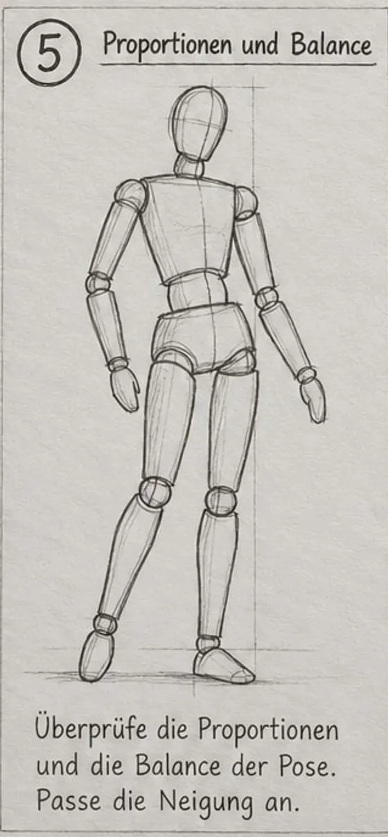 Feld 5: überarbeitete Zeichenpuppe in ausbalancierter Pose mit korrigierten Proportionen und klaren Gelenken.