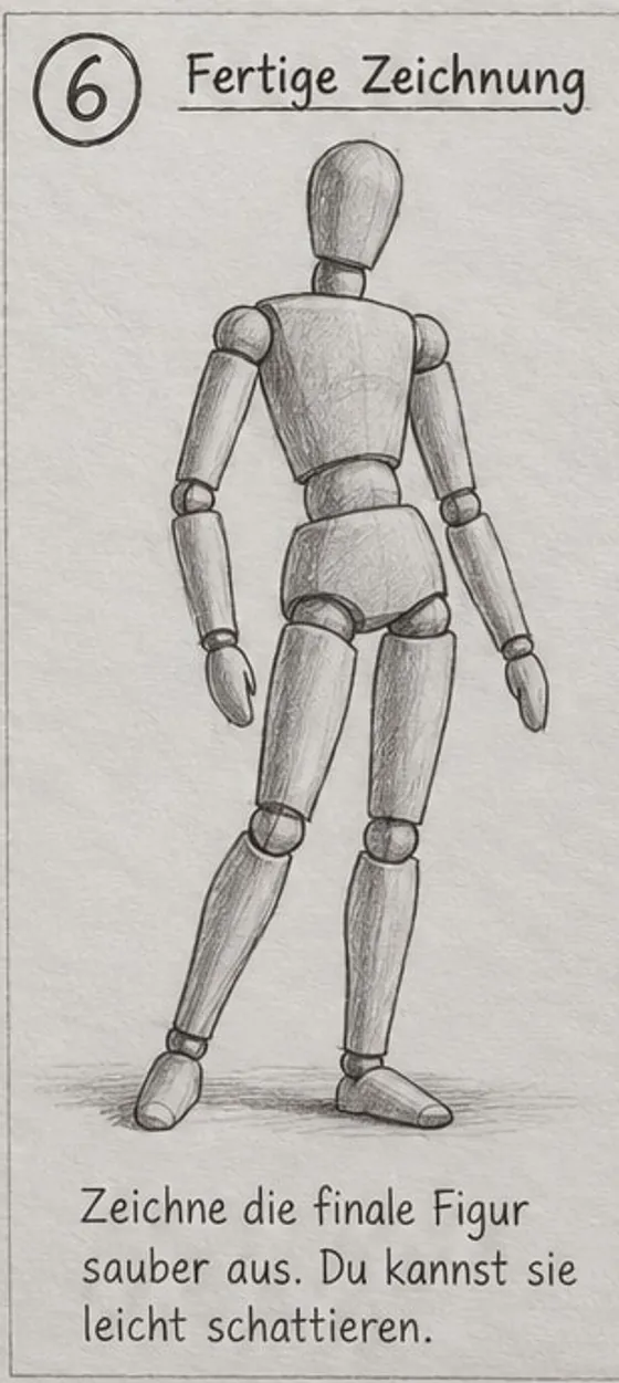 Feld 6: fertige, leicht schattierte Zeichenpuppe in entspannter Standpose mit Bodenschatten.