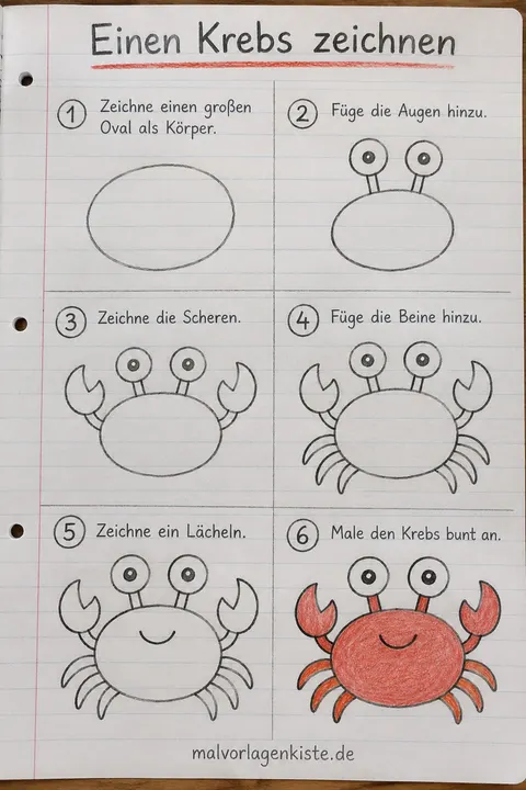 Anleitungsblatt: Krebs zeichnen in 6 Schritten, im letzten Feld rot ausgemalt.
