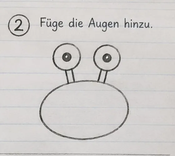 Feld 2: Zwei Stielaugen mit Pupillen oben auf dem Oval.